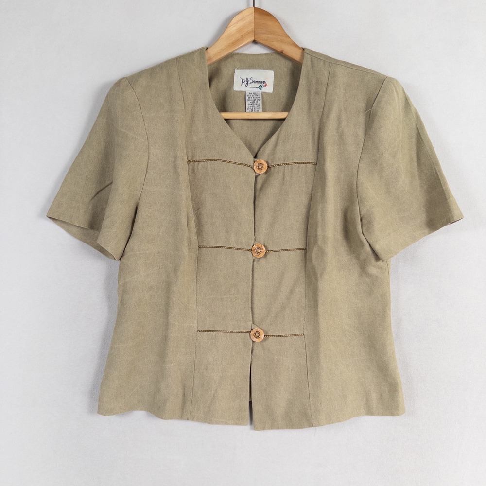 Vintage DJ Summers Jacket Top Sz 8 Beige Button Up Padded Shoulders Embellished